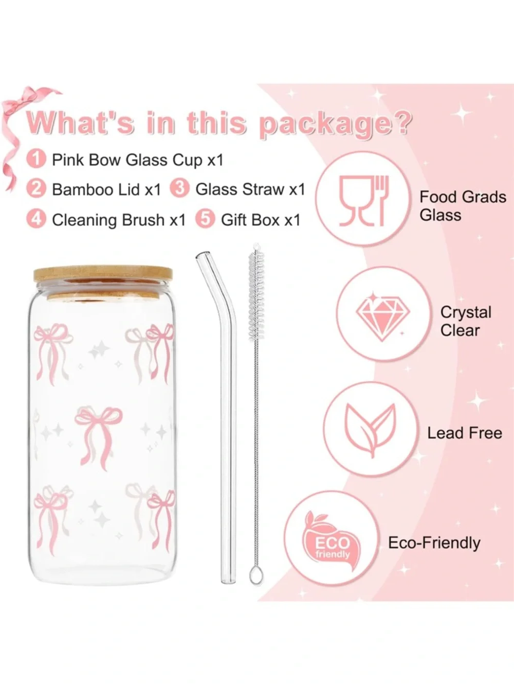 Pink Bow 16 oz Glass Cup